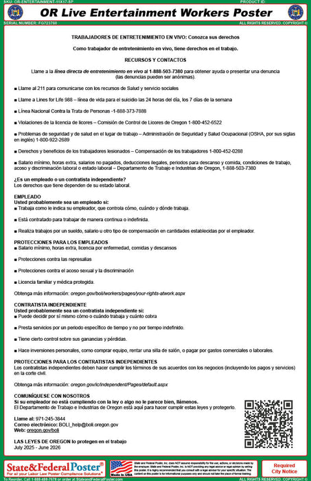 Digital Oregon Live Entertainment Workers Ordinance - State and Federal Poster