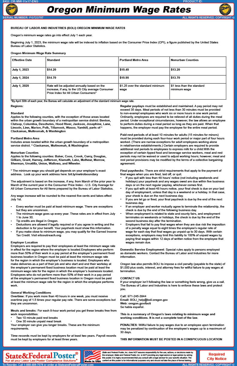 Workers Comp Rates Oregon Oregon Minimum Wage Rates Poster — State and Federal Poster