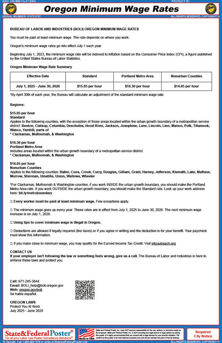 Oregon Minimum Wage Rates Poster