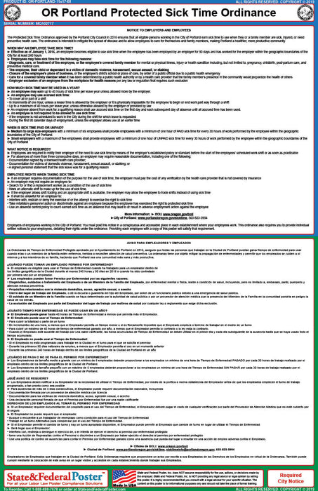 OR Portland Paid Sick Time & Safe Time Ordinance Poster (Bilingual) - State and Federal Poster