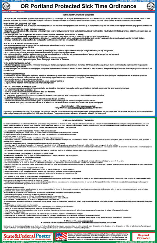 OR Portland Paid Sick Time & Safe Time Ordinance Poster (Bilingual) - State and Federal Poster