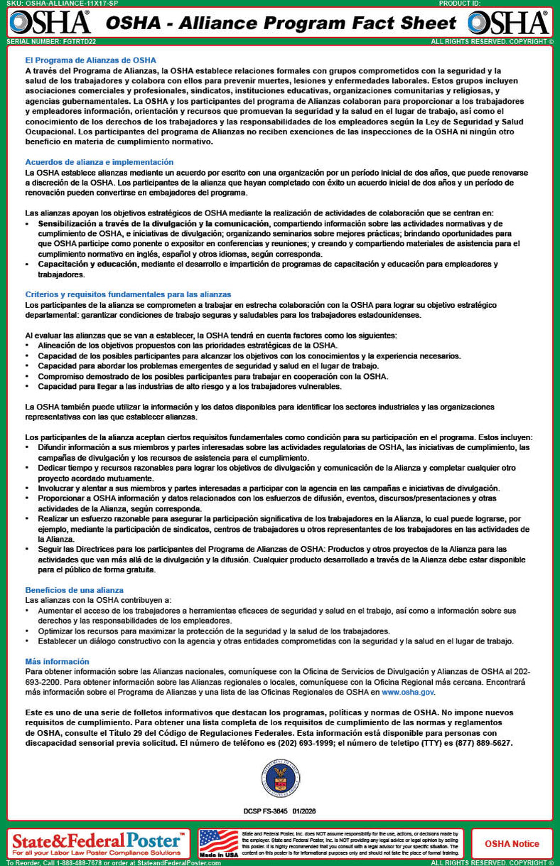Alliance Program OSHA Alliance Program Fact Sheet — State and Federal Poster