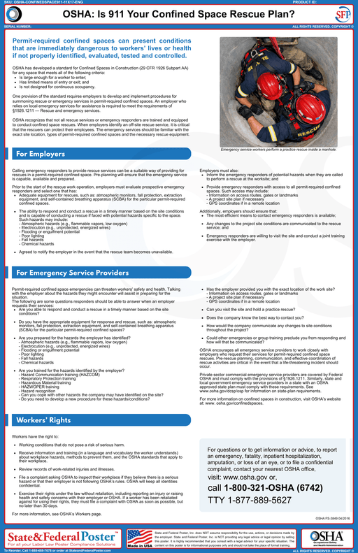 OSHA: Is 911 Your Confined Space Rescue Plan? Fact Sheet - State and Federal Poster