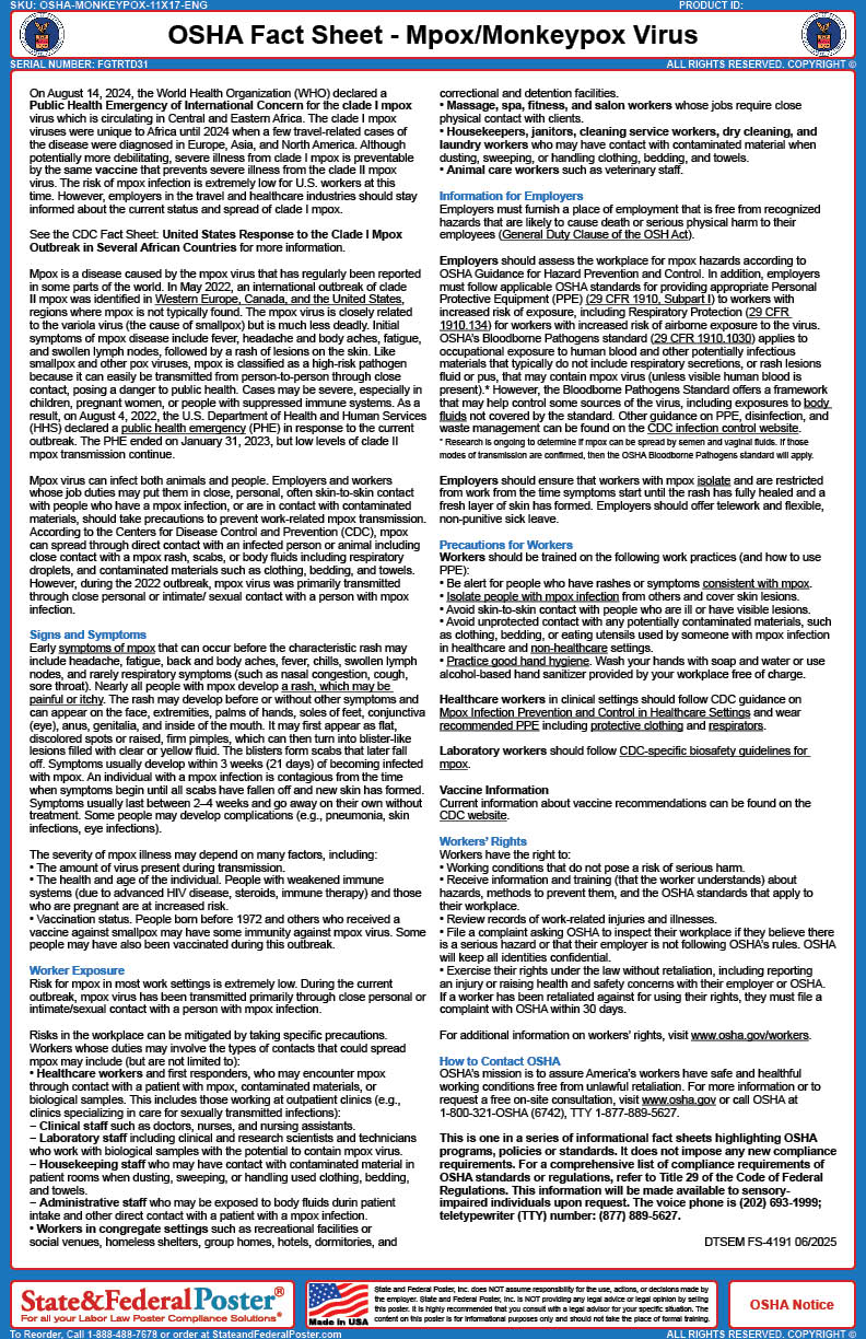 OSHA Mpox/Monkeypox Virus Fact Sheet — State and Federal Poster