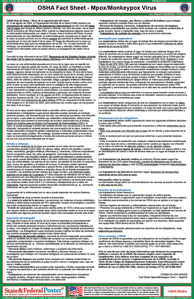 OSHA Mpox/Monkeypox Virus Fact Sheet — State and Federal Poster