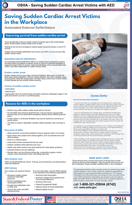 OSHA: Saving Sudden Cardiac Arrest Victims with AED Fact Sheet - State and Federal Poster