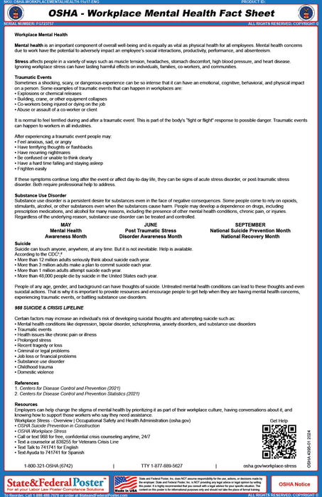 Osh Fun Fact OSHA Workplace Mental Health Fact Sheet โ State and Federal Poster