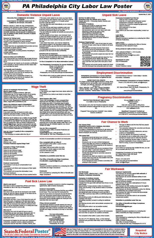Philadelphia, Pennsylvania Labor Law Poster - State and Federal Poster