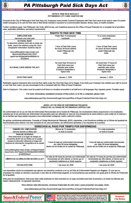 Pittsburgh, Pennsylvania Paid Sick Days Act (Bilingual)