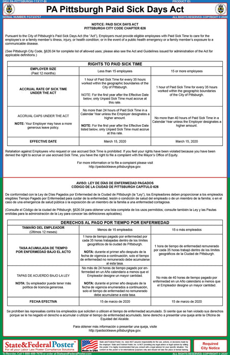 Pittsburgh, Pennsylvania Paid Sick Days Act (Bilingual) - State and Federal Poster