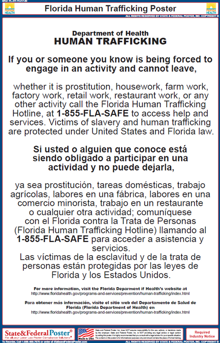 Florida Human Trafficking Poster (Bilingual) - State and Federal Poster