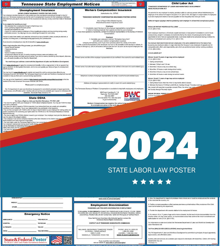 PREORDER - Tennessee State Labor Law Poster 2024 — State and Federal Poster