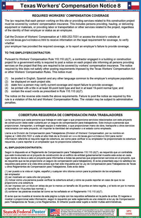 Texas Workers' Compensation Notice 8 (Bilingual) - State and Federal Poster