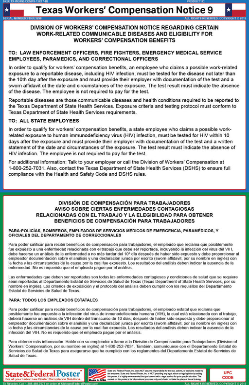 Texas Workers' Compensation Notice 9 (Bilingual) - State and Federal Poster
