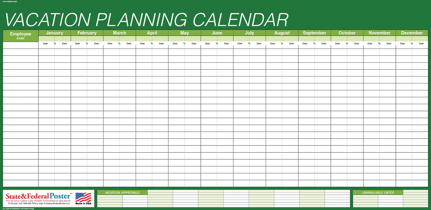 Undated Vacation Planning Calendar 40x20 - Horizontal