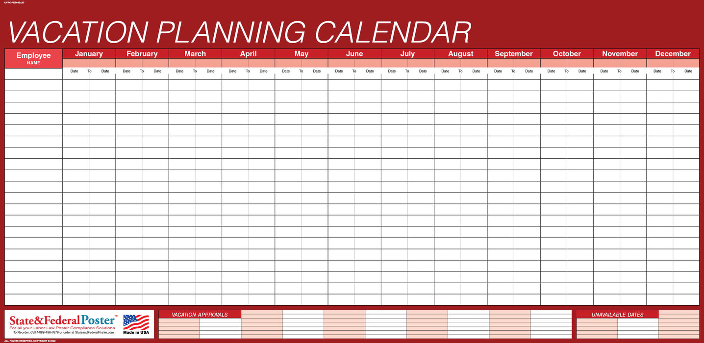 Undated Vacation Planning Calendar 40x20 - Horizontal — State and Federal Poster undated-vacation-planning-calendar-40x20-horizontal-state-and-federal-poster