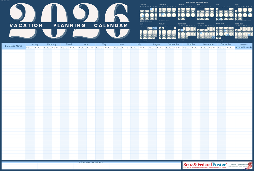 2026 Vacation Planning Calendar 40x27 - Horizontal