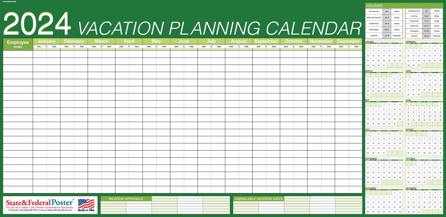 2024 Vacation Planning Calendar 40x20 - Horizontal Green