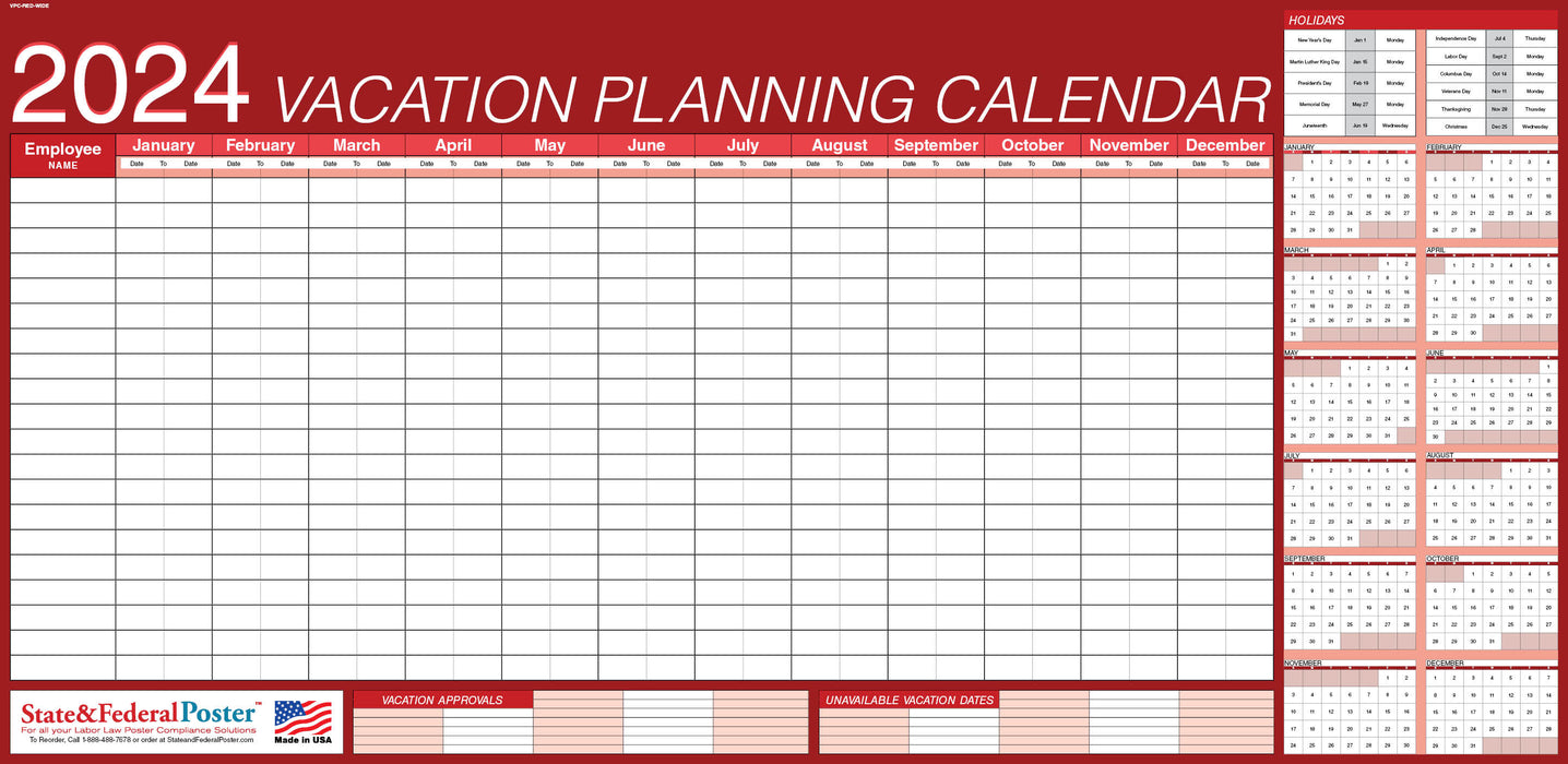 2024 Vacation Planning Calendar 40x20 - Horizontal Red