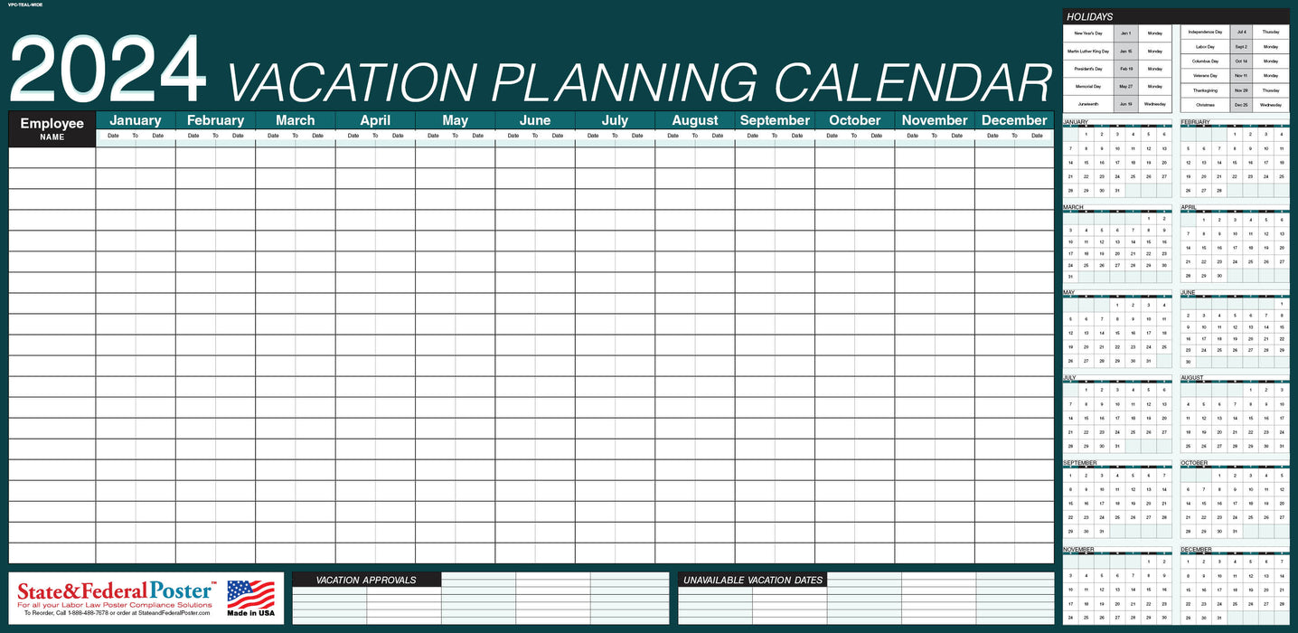 2024 Vacation Planning Calendar 40x20 - Horizontal Teal