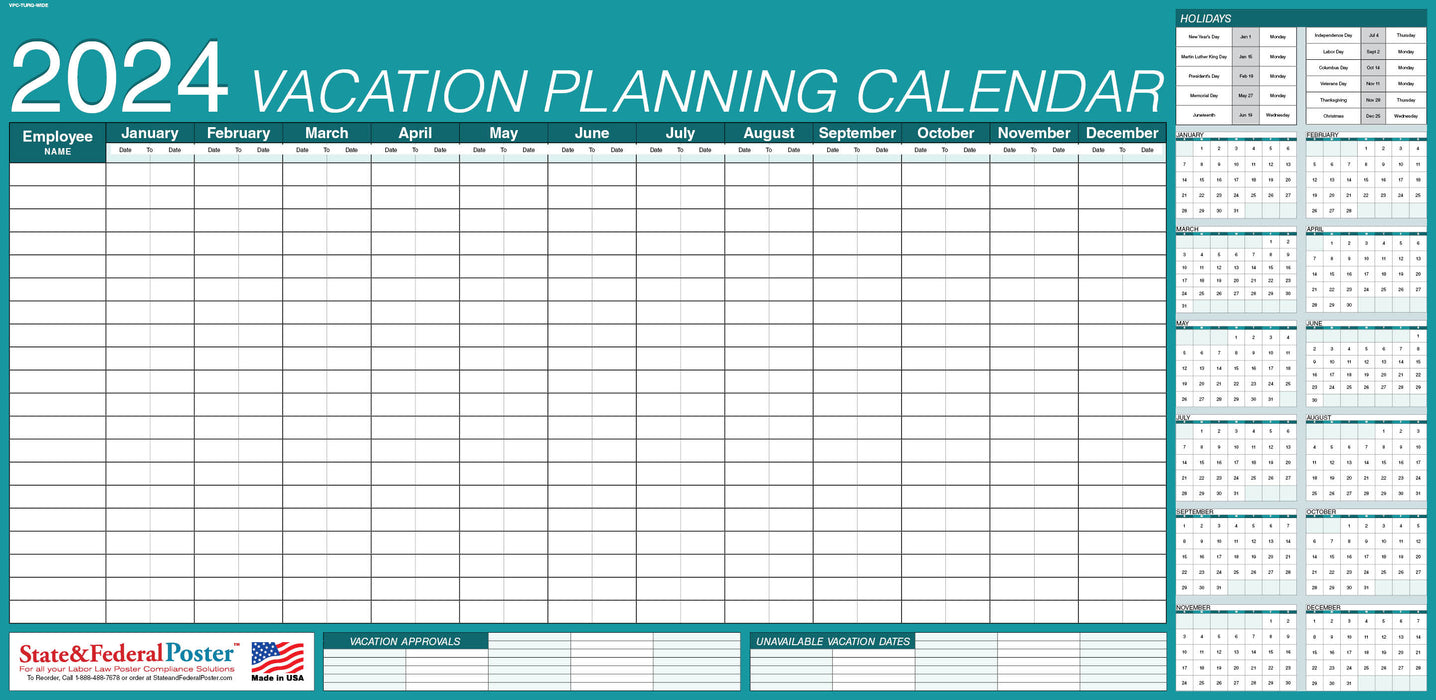2024 Vacation Planning Calendar 40x20 - Horizontal Turquoise