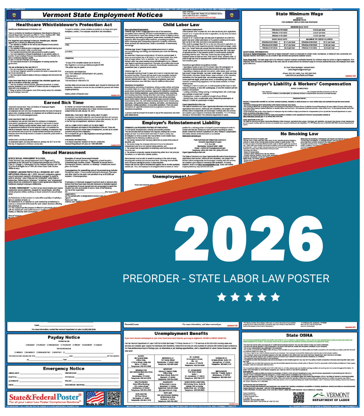 Vermont State Labor Law Poster 2026 — State and Federal Poster