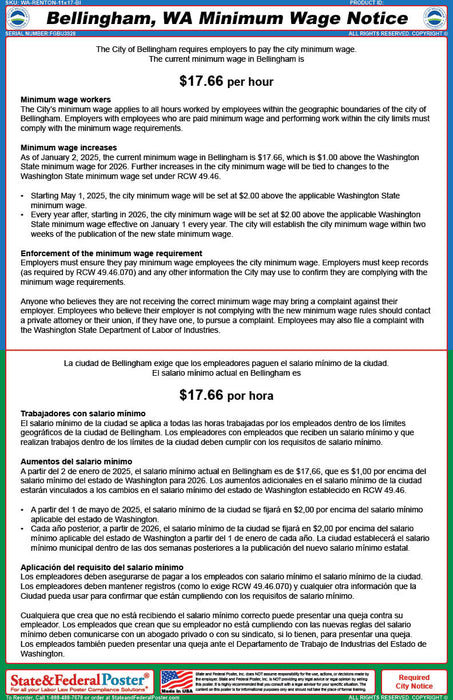 Digital Bellingham, Washington Minimum Wage Poster (Bilingual)