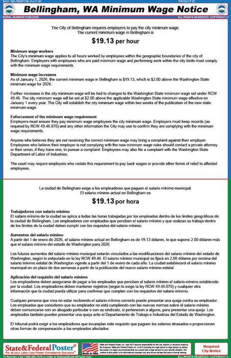 Digital Bellingham, Washington Minimum Wage Poster (Bilingual)