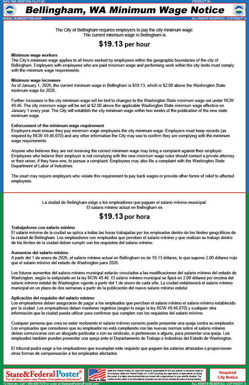 Bellingham, Washington Minimum Wage Poster (Bilingual) - State and Federal Poster