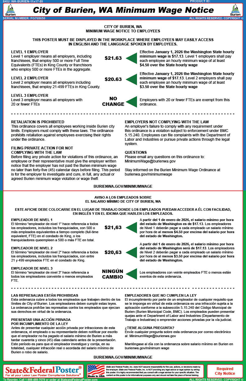 Digital City of Burien, WA Minimum Wage Notice (Bilingual) — State and ...