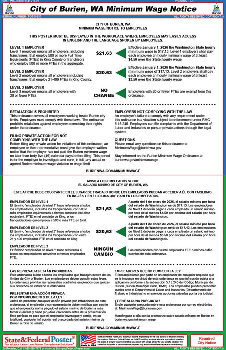 Digital City of Burien, WA Minimum Wage Notice (Bilingual) - State and Federal Poster