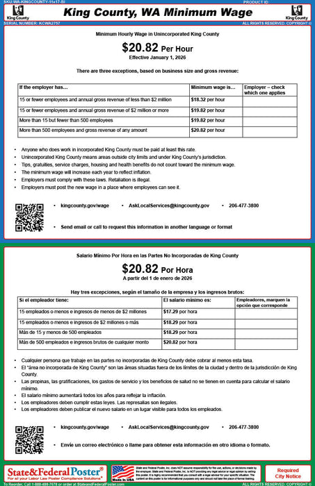 King County, Washington Minimum Wage Poster (Bilingual)