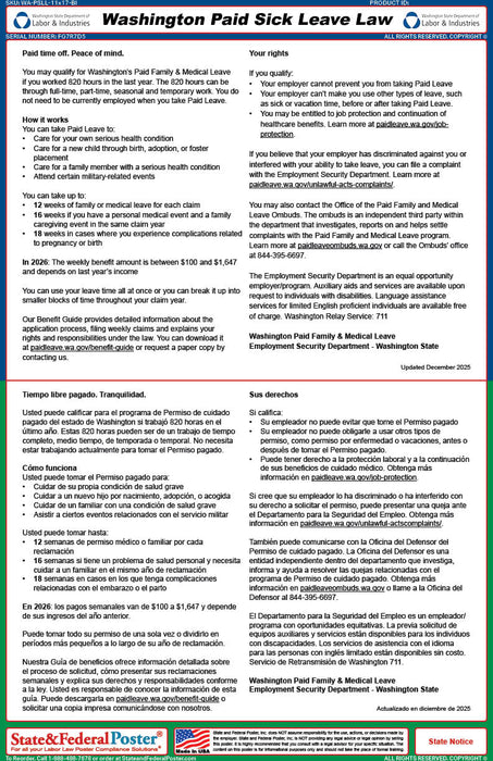 Washington Paid Sick Leave Poster (Bilingual) - State and Federal Poster