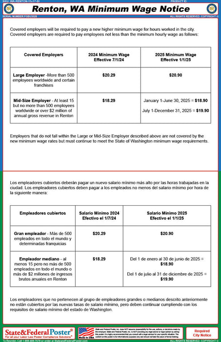 Digital Renton, Washington Minimum Wage Notice (Bilingual)