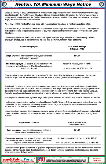 Digital Renton, Washington Minimum Wage Notice (Bilingual)