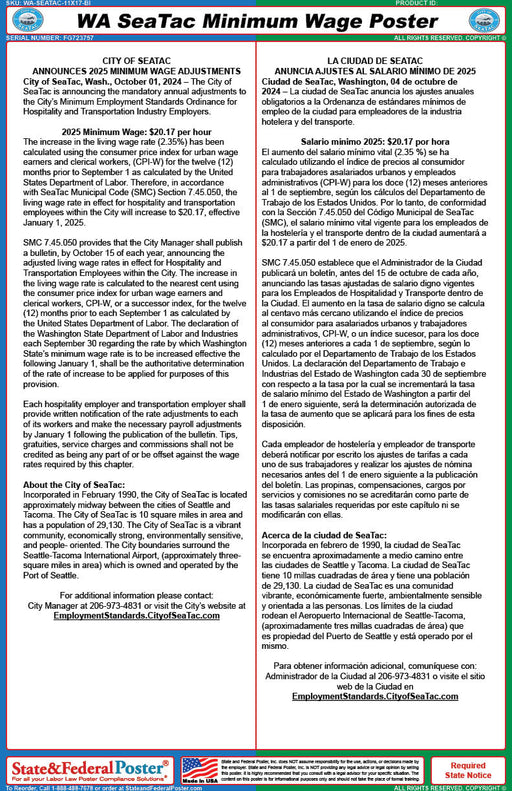 SeaTac, Washington Minimum Wage Poster (Bilingual) - State and Federal Poster