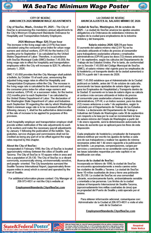 SeaTac, Washington Minimum Wage Poster (Bilingual) - State and Federal Poster