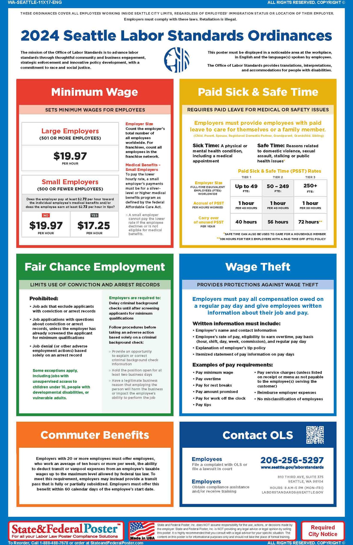 Seattle, Washington Labor Standards Ordinances Poster — State and