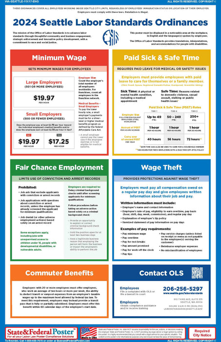 Seattle, Washington Labor Standards Ordinances Poster - State and Federal Poster