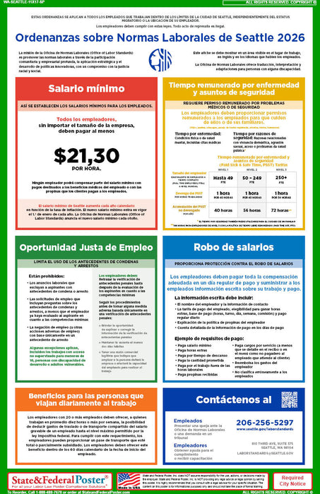 Seattle, Washington Labor Standards Ordinances Poster