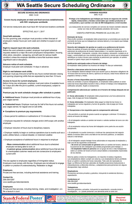 Seattle, Washington Secure Scheduling Ordinance (Bilingual) - State and Federal Poster