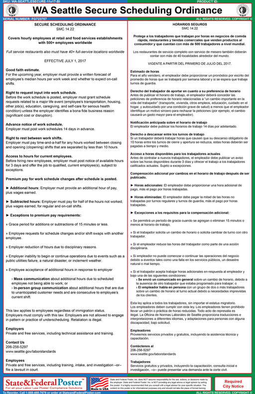 Seattle, Washington Secure Scheduling Ordinance (Bilingual) - State and Federal Poster