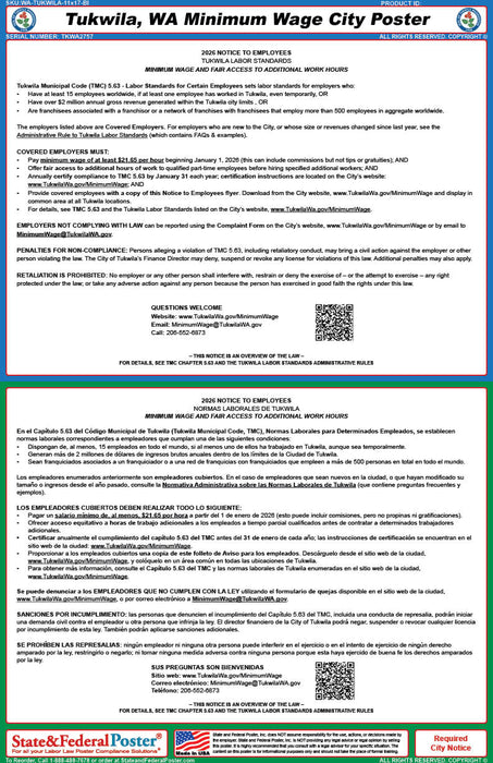 Tukwila, WA Minimum Wage City Poster (Bilingual) - State and Federal Poster