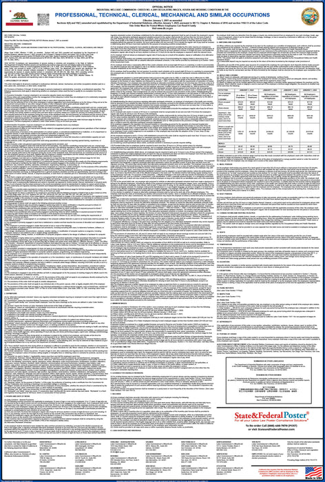 Preorder 2027 California IWC 04 - Professional, Technical, Clerical, Mechanical, etc Wage Order - State and Federal Poster