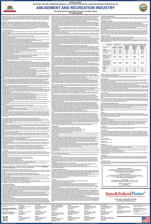 Preorder 2027 California IWC 10 - Amusement and Recreation Industry Wage Order - State and Federal Poster