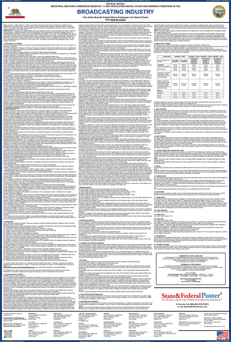 Preorder 2027 California IWC 11 - Broadcasting Industry Wage Order - State and Federal Poster