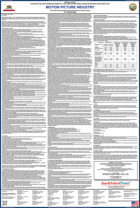 Preorder 2027 California IWC 12 - Motion Picture Industry Wage Order - State and Federal Poster