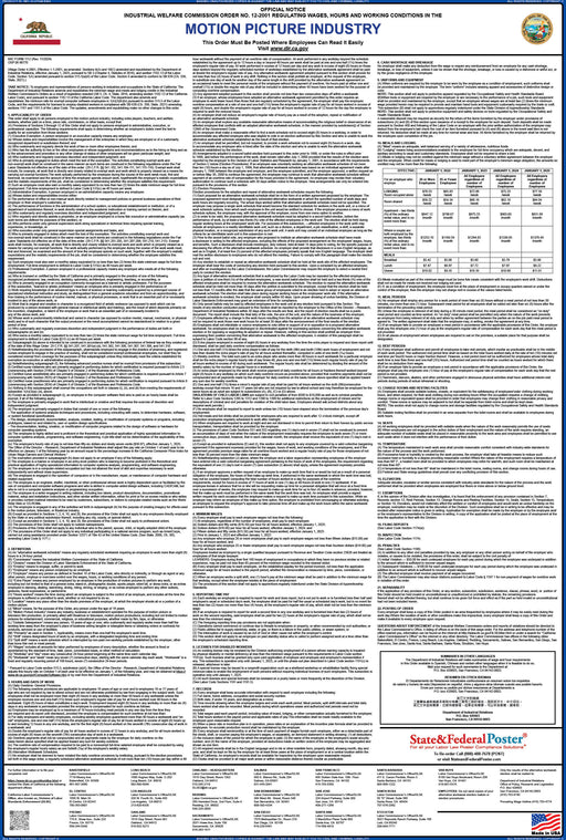 Preorder 2027 California IWC 12 - Motion Picture Industry Wage Order - State and Federal Poster