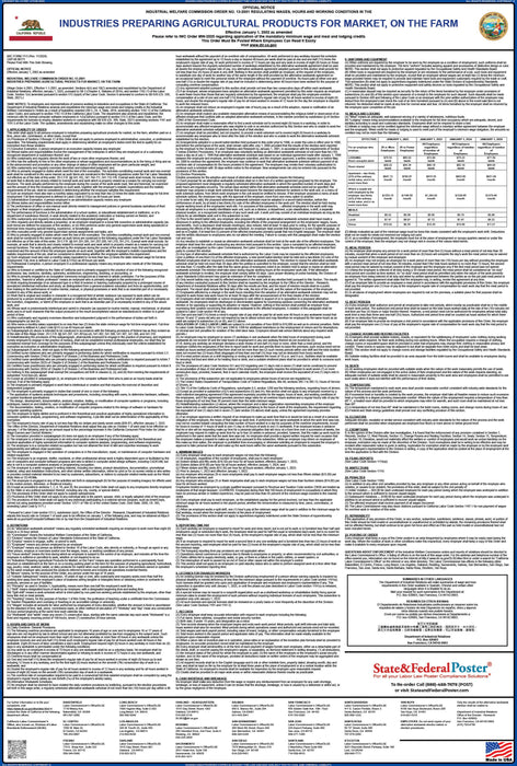 Preorder 2027 California IWC 13 - Industries Preparing Agricultural Products for Market Wage Order - State and Federal Poster