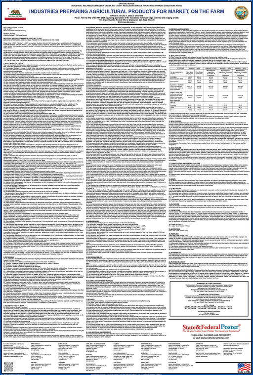 Preorder 2027 California IWC 13 - Industries Preparing Agricultural Products for Market Wage Order - State and Federal Poster